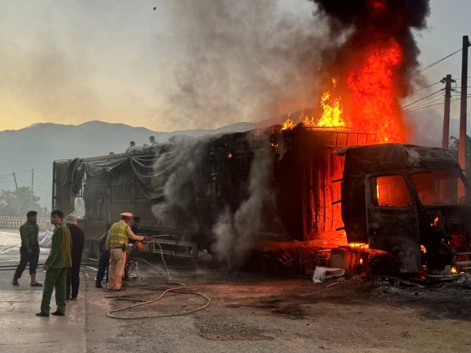 Lo Xo Pass truck fire leaves a flour-laden tractor-trailer cab burned out in Dak Plo commune, central Vietnam.